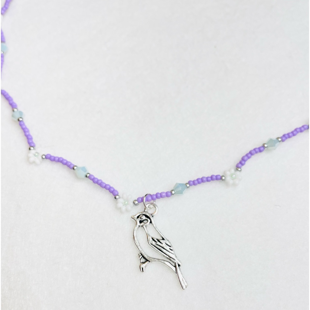 Choker Necklace Bird Pendant Purple White Daisy Silver Accents 16-18 19$